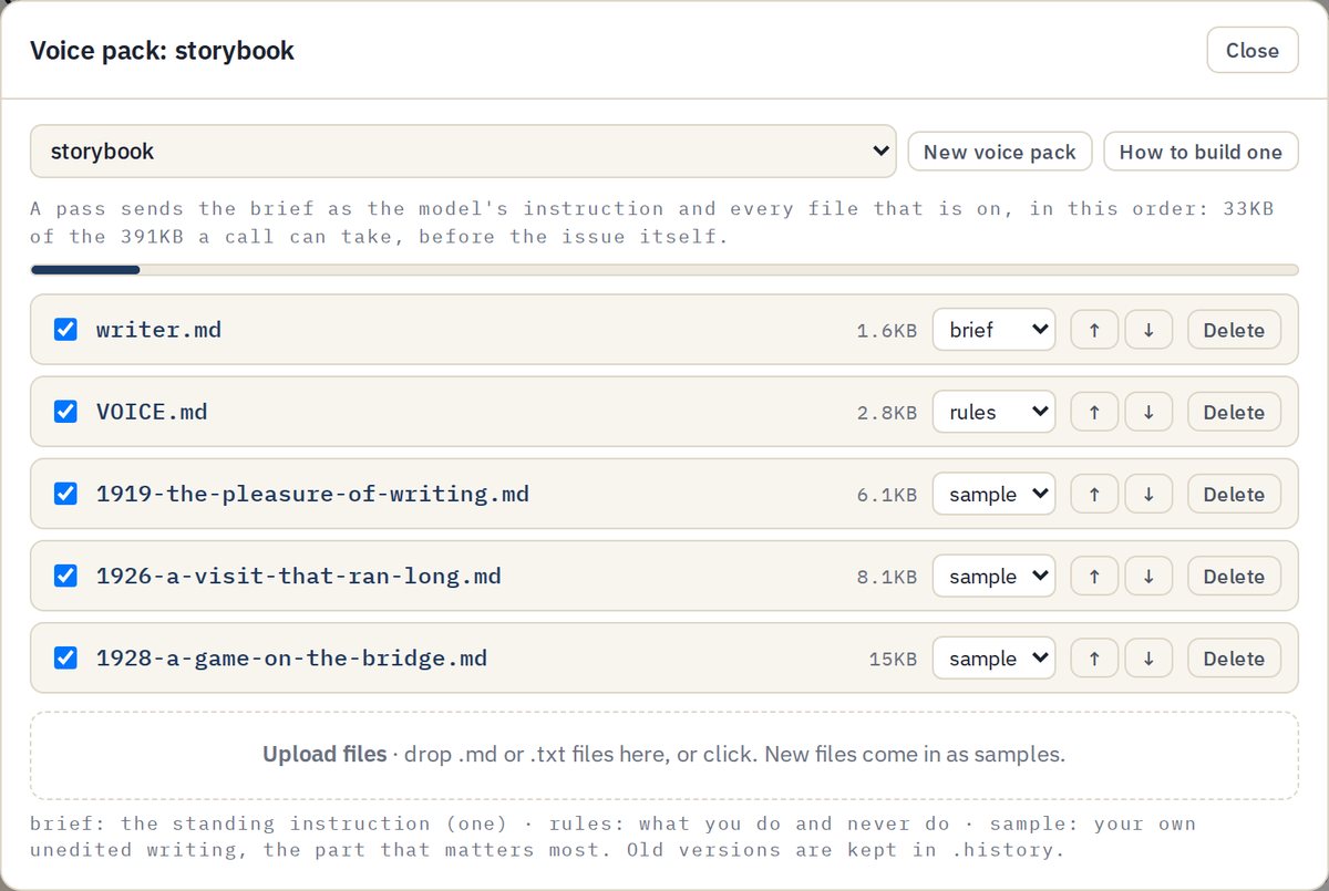 The voice pack panel for the example voice: writer.md as the brief, VOICE.md as the rules, and three sample files, each with a size, a role and an on/off box.
