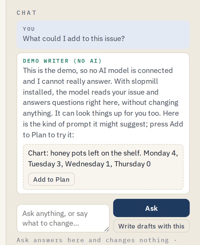 The chat beside the editor: the author asks what could be added, and the model answers with a suggested chart prompt and an Add to Plan button.