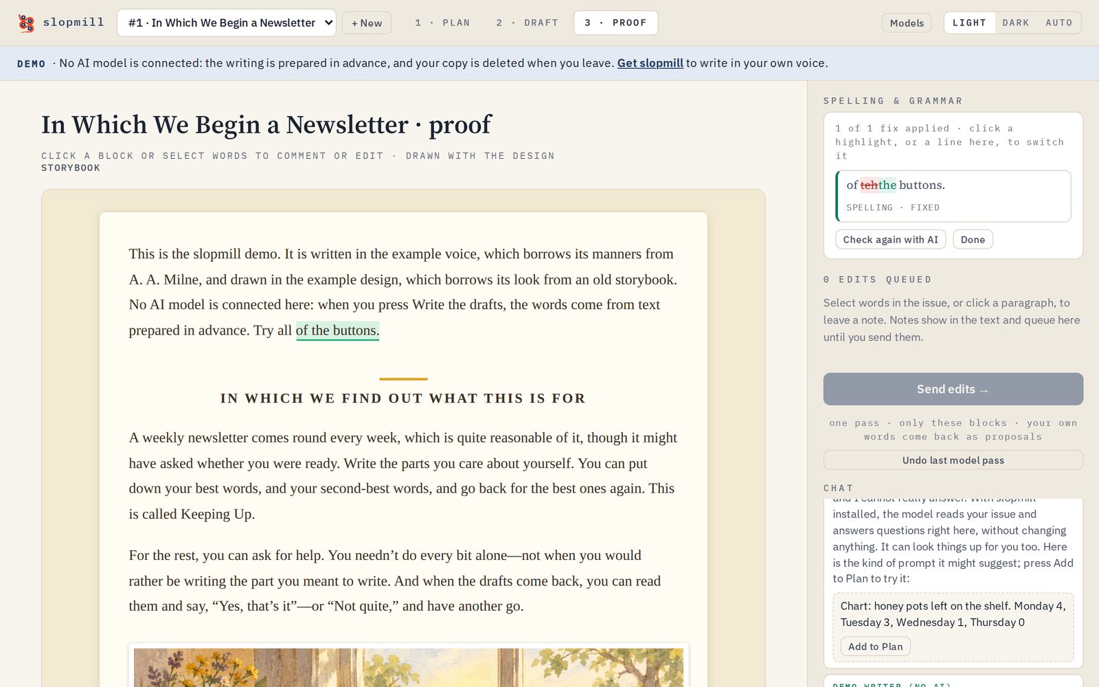 The Proof screen: the issue in the storybook design, with a spelling fix highlighted (teh became the) and listed in the side panel.