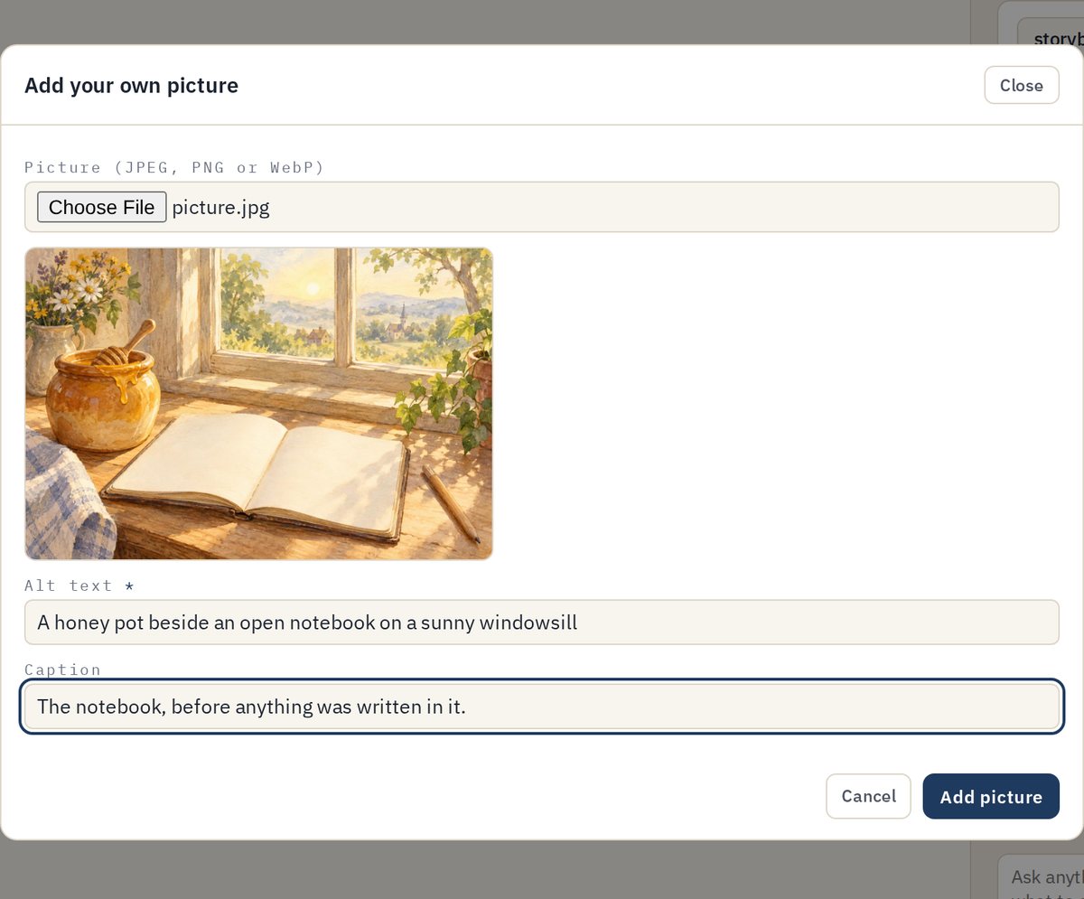 The Add your own picture dialog: a photo of a honey pot and a notebook, with alt text and a caption filled in.