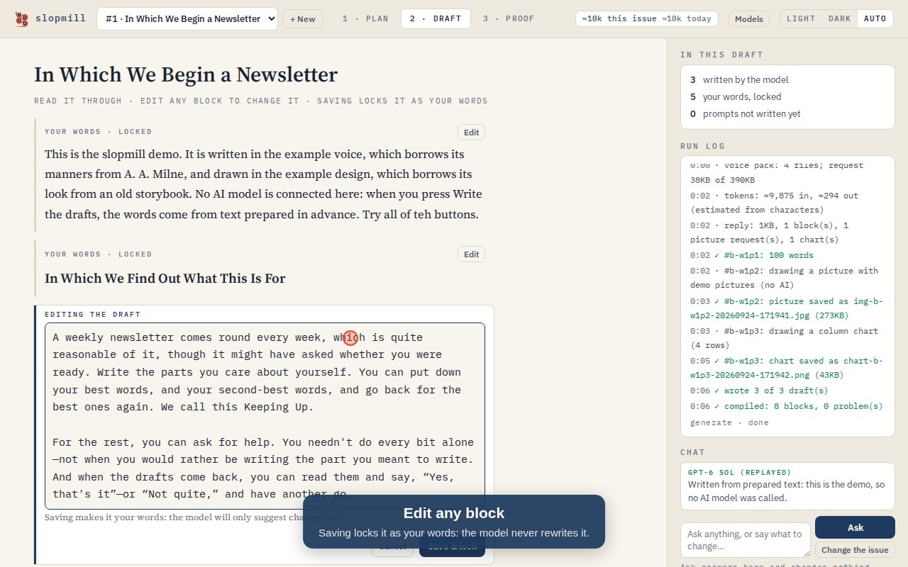 The slopmill editor, from the walkthrough